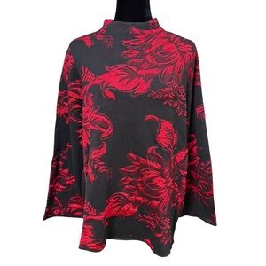 Chico’s Black Red Floral Sweater Size Large Zip Neck Pullover Statement Top